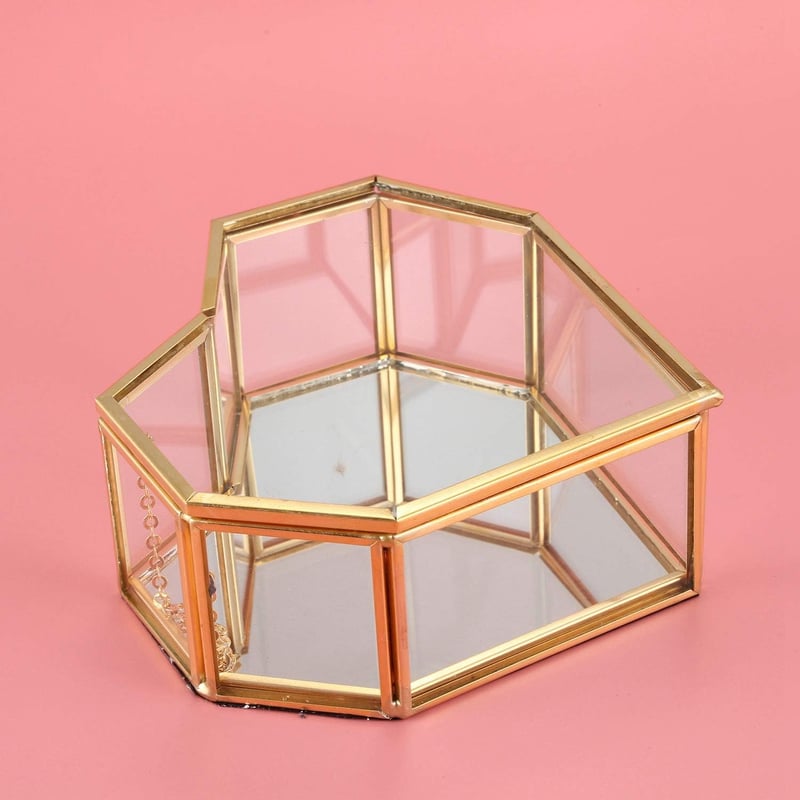 Iegefirm Szív Alakú Arany Üveg Ékszertartó Doboz Gyűrűtartó Esküvői Dekoráció Geometrikus Dizájn 19x17cm