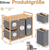 iEGrow 150L Szennyeskosár 3 Fächer Bambus Wäschewagen Szürke Oxford 3