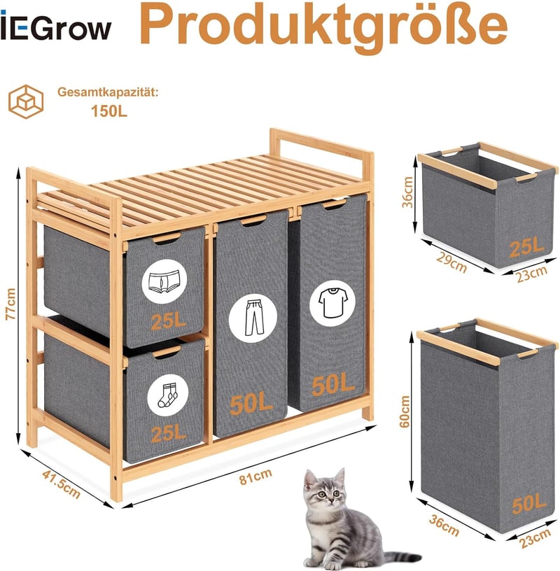 iEGrow 150L Szennyeskosár 3 Fächer Bambus Wäschewagen Szürke Oxford