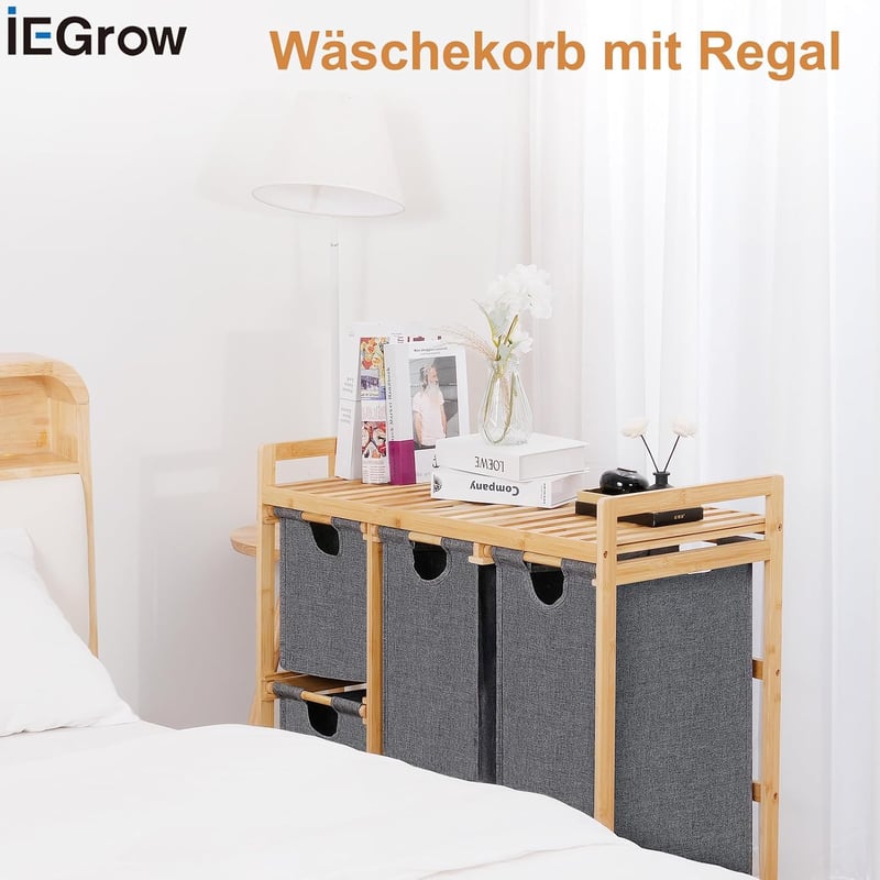 iEGrow 150L Szennyeskosár 3 Fächer Bambus Wäschewagen Szürke Oxford