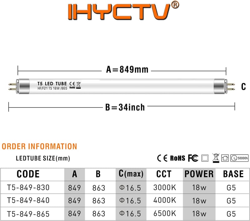 IHYCTV LED Fénycső T5 849mm 18W 4000K Hideg Fehér G5 Foglalat