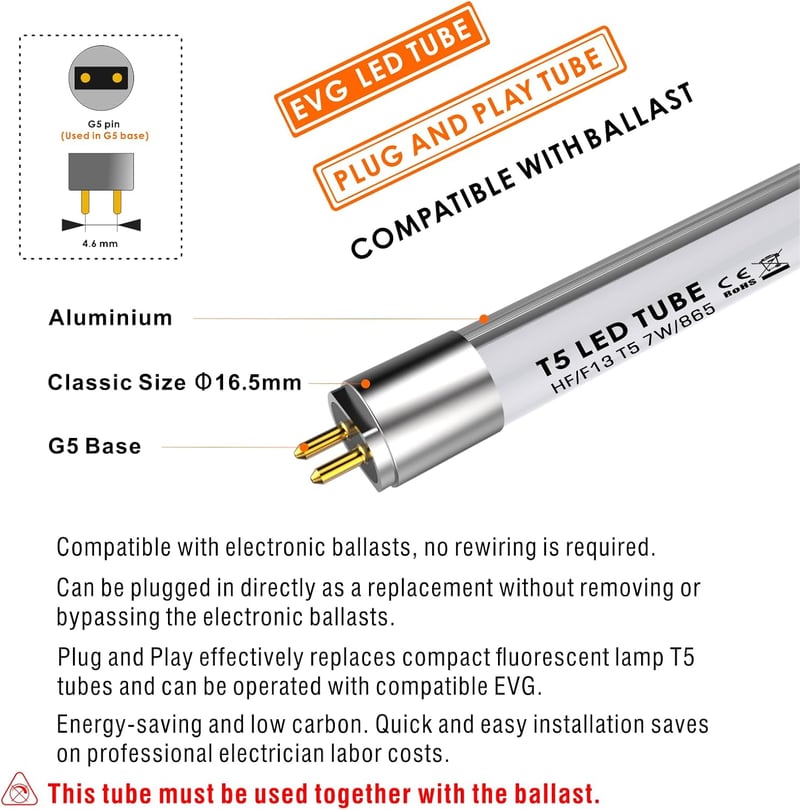 IHYCTV LED T5 Fénycső 517mm 7W Nappali Fehér 6500K G5 Foglalat Energiatakarékos