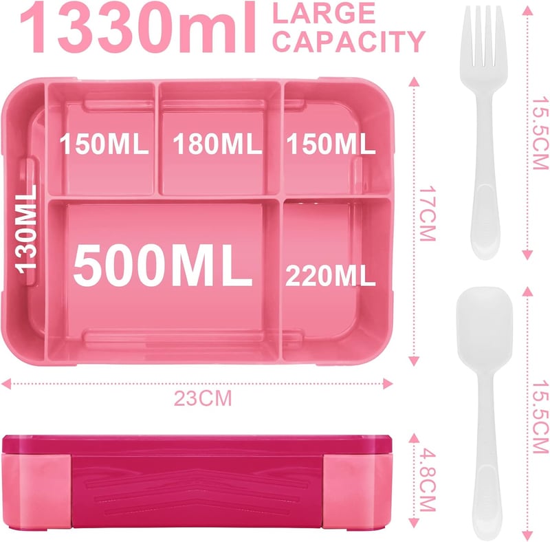 IJIAMY Gyerekek Ebéddoboza Rekeszekkel, 1300ml Szilikon Bento Box Óvodához és Iskolához, Légmentes Ételhordó Rózsaszín