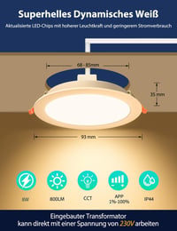 iLC LED Beépíthető Spotlámpa 8W RGBW Színváltós Applikációs Vezérléssel, 3 Hüvelykes Kerek Mennyezeti Spot IP44, Meleg Fehér 2700K, Konyha N 5