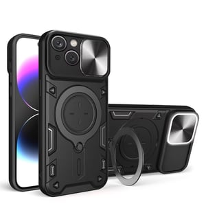 Husă ILING pentru OnePlus 15, negru, cu textură metalică mată, spate din PC dur și silicon TPU, rezistentă la șocuri, cu suport inel și protecție pentru cameră