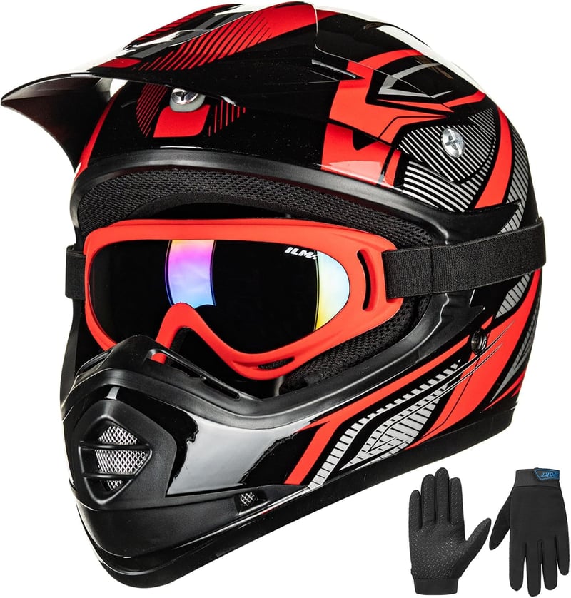 ILM Gyermek Motocross Sisak ATV Goggles Sportkesztyűvel ECE L Méret Piros Ezüst