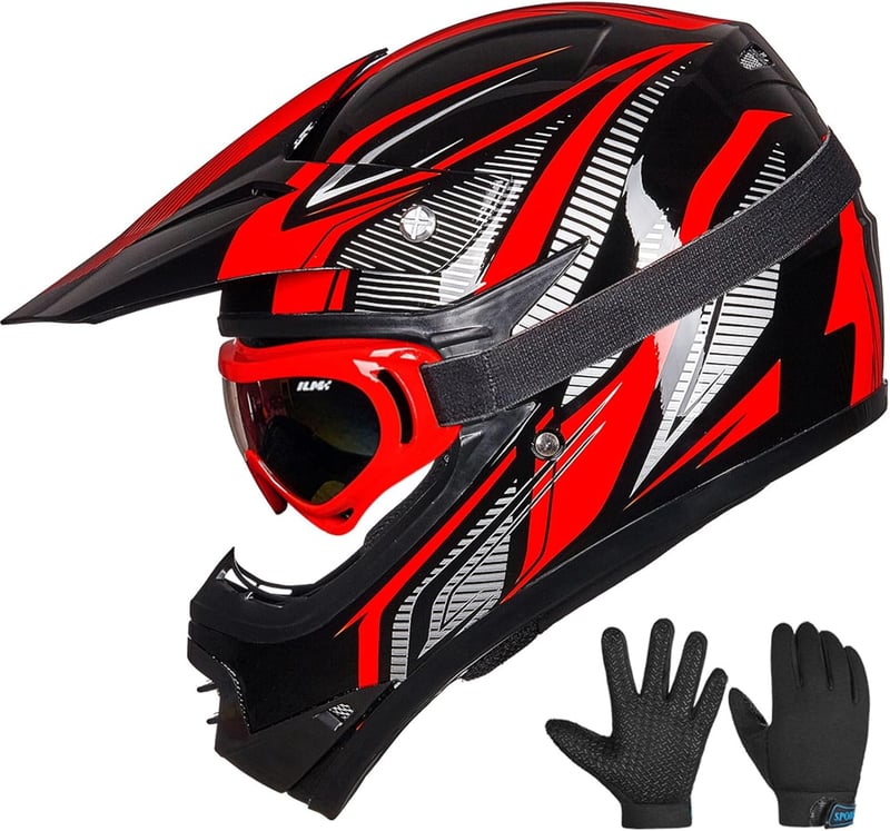 ILM Gyermek Motocross Sisak ATV Goggles Sportkesztyűvel ECE L Méret Piros Ezüst
