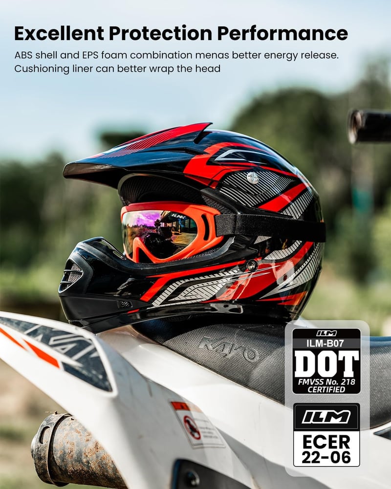 ILM Gyermek Motocross Sisak ATV Goggles Sportkesztyűvel ECE L Méret Piros Ezüst