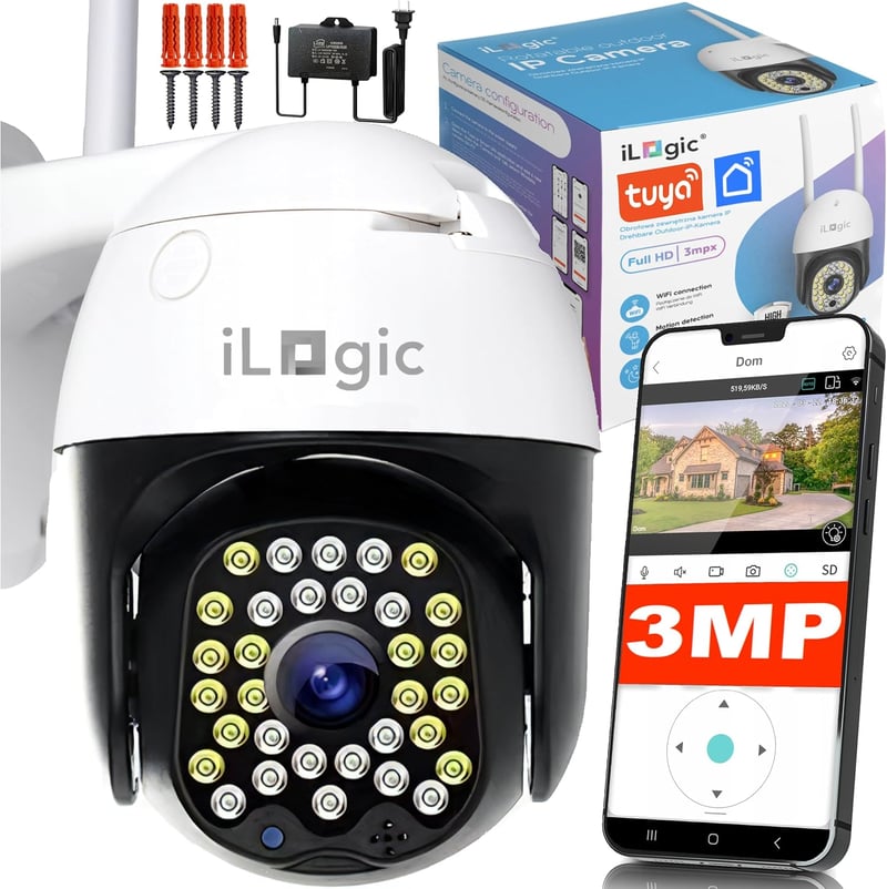 iLogic Kültéri WiFi Biztonsági Kamera - 360° PTZ, 3MP Felbontás, 4x Zoom, Vízálló, Éjjellátó, TUYA/Smart Life Kompatibilis, Mozgásérzékelés