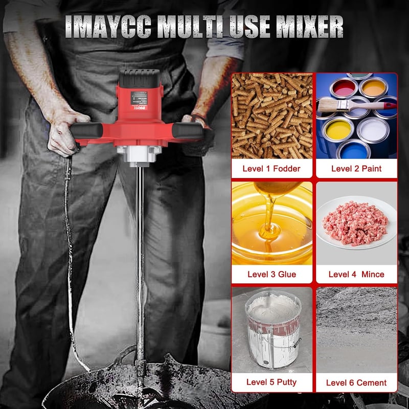 IMAYCC 2100 W-os kézi habarcskeverő betonkeverő 6 fokozat M14 keverőszár festékhez cementhez gletthez