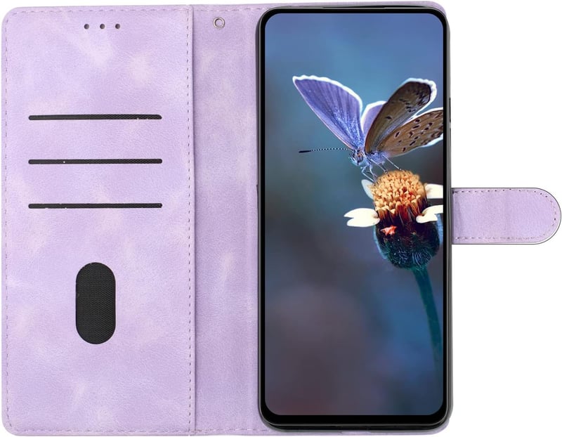 IMEIKONST iPhone 15 Plus bőr flip tok virág minta lila mágneses záras kártyatartóval