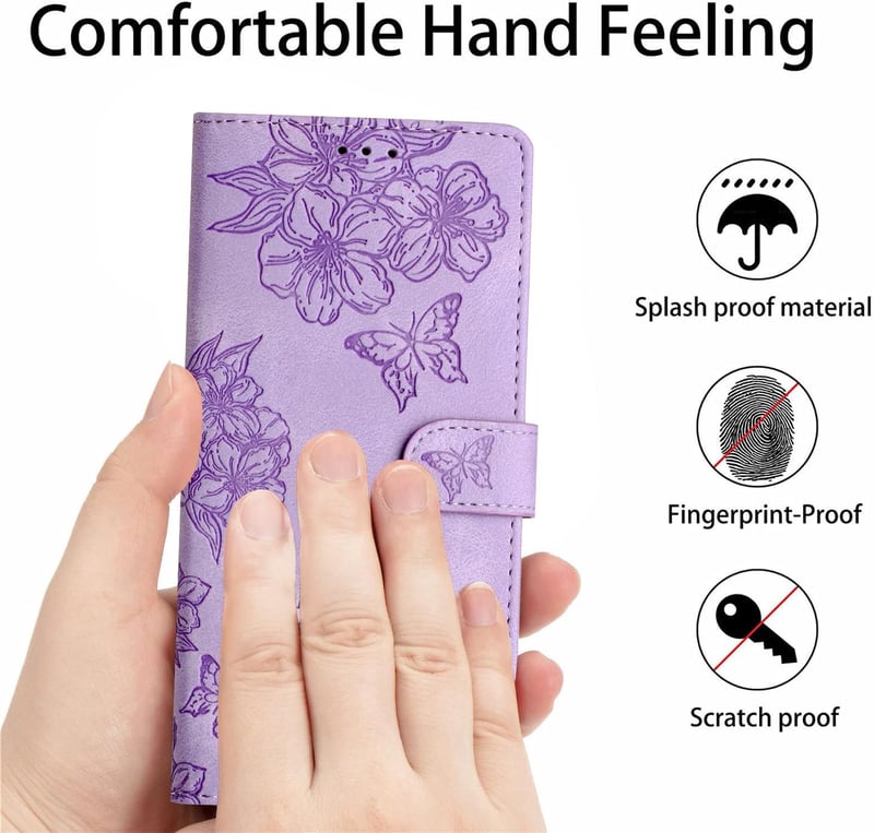 IMEIKONST iPhone 15 Plus bőr flip tok virág minta lila mágneses záras kártyatartóval