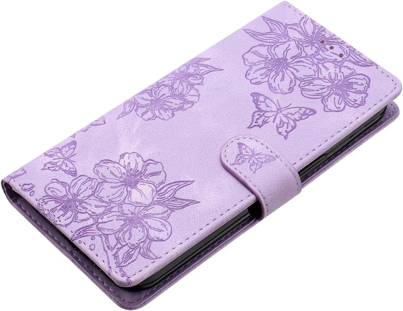 IMEIKONST iPhone 15 Plus bőr flip tok virág minta lila mágneses záras kártyatartóval