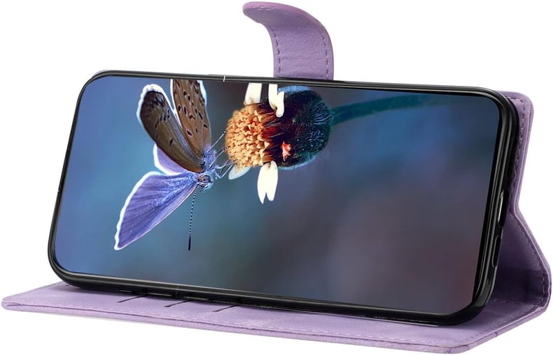 IMEIKONST iPhone 15 Plus bőr flip tok virág minta lila mágneses záras kártyatartóval