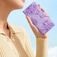 IMEIKONST iPhone 15 Plus bőr flip tok virág minta lila mágneses záras kártyatartóval 6