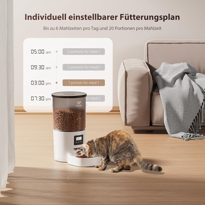 IMIPAW Automata Macska Etetőgép Programozható Időzítővel, 1-6 Étkezés Naponta, Macskák és Kutyák Számára, Fehér 5L