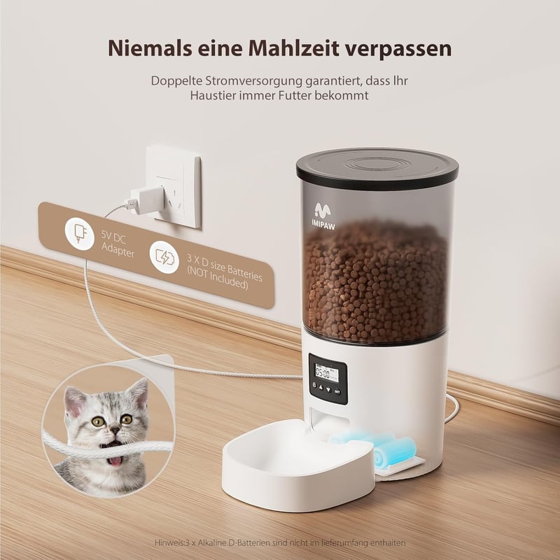 IMIPAW Automata Macska Etetőgép Programozható Időzítővel, 1-6 Étkezés Naponta, Macskák és Kutyák Számára, Fehér 5L