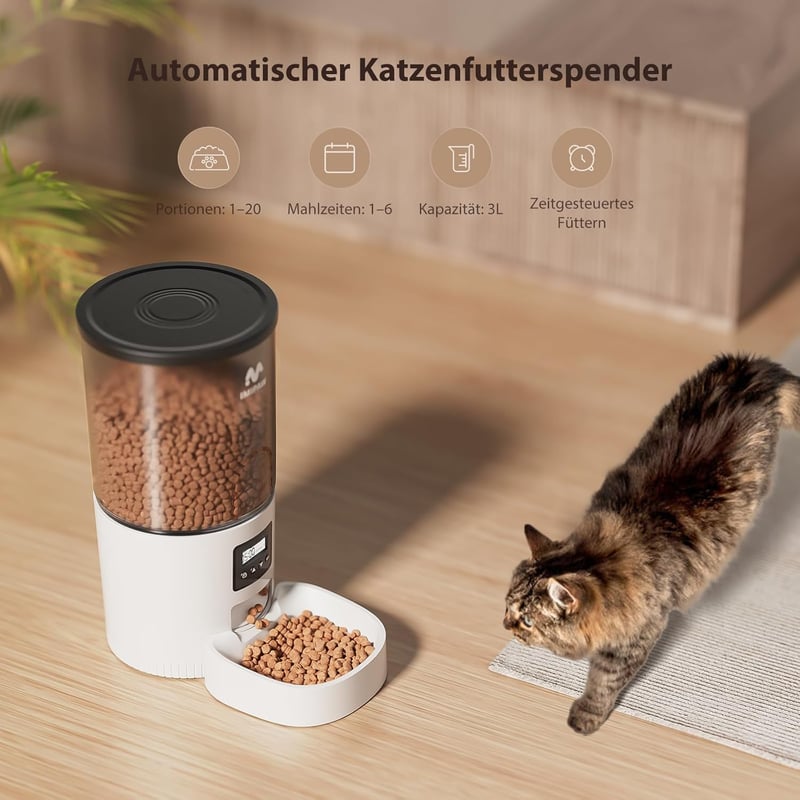IMIPAW Automata Macska Etetőgép Programozható Időzítővel, 1-6 Étkezés Naponta, Macskák és Kutyák Számára, Fehér 5L