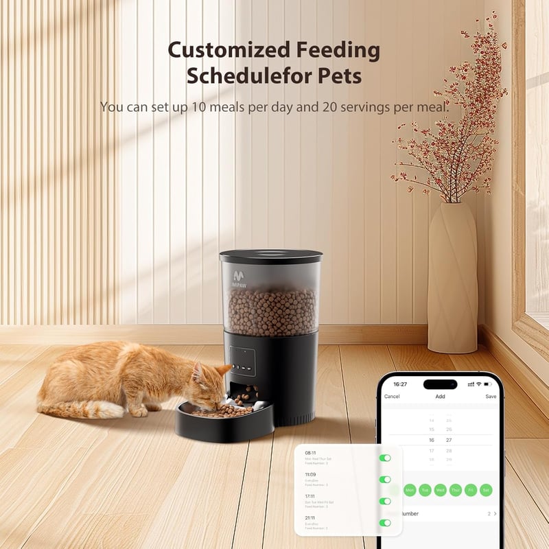 IMIPAW Automata Macskaetető WiFi Applikációs Vezérléssel, Programozható Száraztáp Adagoló Macskáknak és Kis Kutyáknak, Fekete