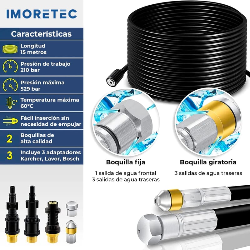 ImoreTEC 15m Csatornatakarító Cső 210 bar Kärcher K2-K7 Lavor Bosch AQT Kompatibilis