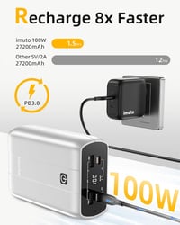 imuto 27200mAh Powerbank 100W USB C PD3.0 Gyorstöltő, 4 Portos Hordozható Külső Akkumulátor Digitális Kijelzővel iPhone 11-15 Pro Max, iPad, 3