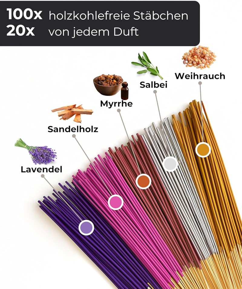Incensera 100 darabos füstölő pálca szett - Szantálfa, Levendula, Tömjén, Mirra, Zsálya - Meditáció, Jóga, Relaxáció