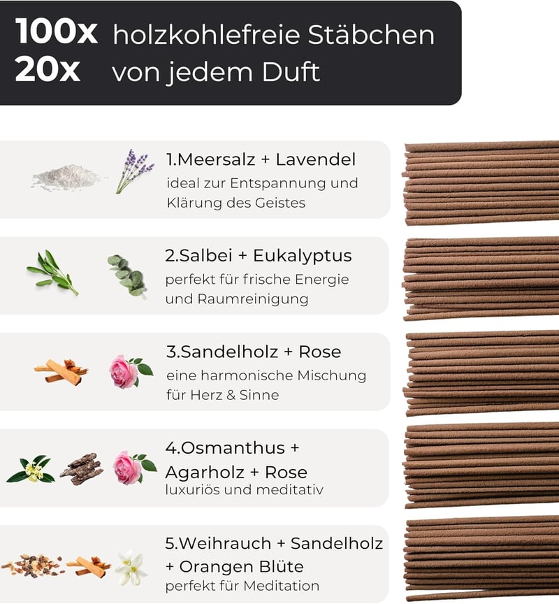 Incensera Füstölő Pálcika Szett 100 db - Levendula, Zsálya, Szantálfa, Ozmantusz és Frankincenzum