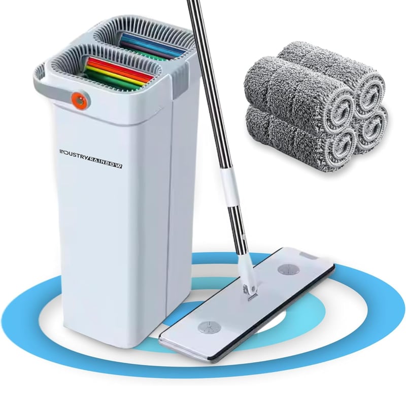Mop cu rotire 360 de grade Industry Rainbow XL cu cap auto-drenant și găleată dublă, cu lavetă din microfibră antiderapantă pentru curățarea pardoselilor, gresiei și pereților