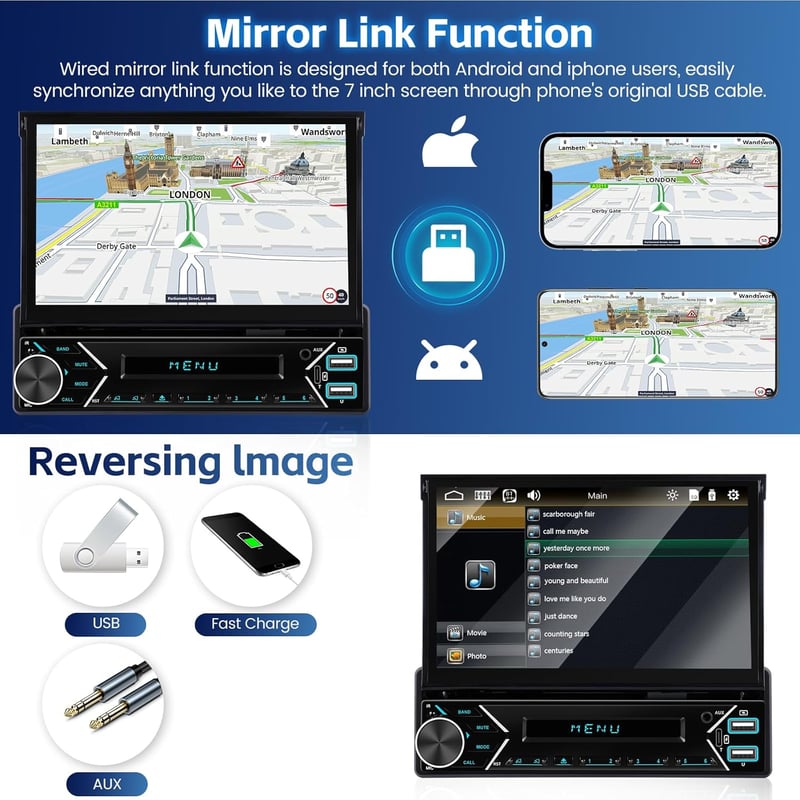 Inefala 1DIN Autórádió Carplay Wireless 7" Kijelzővel Bluetooth USB