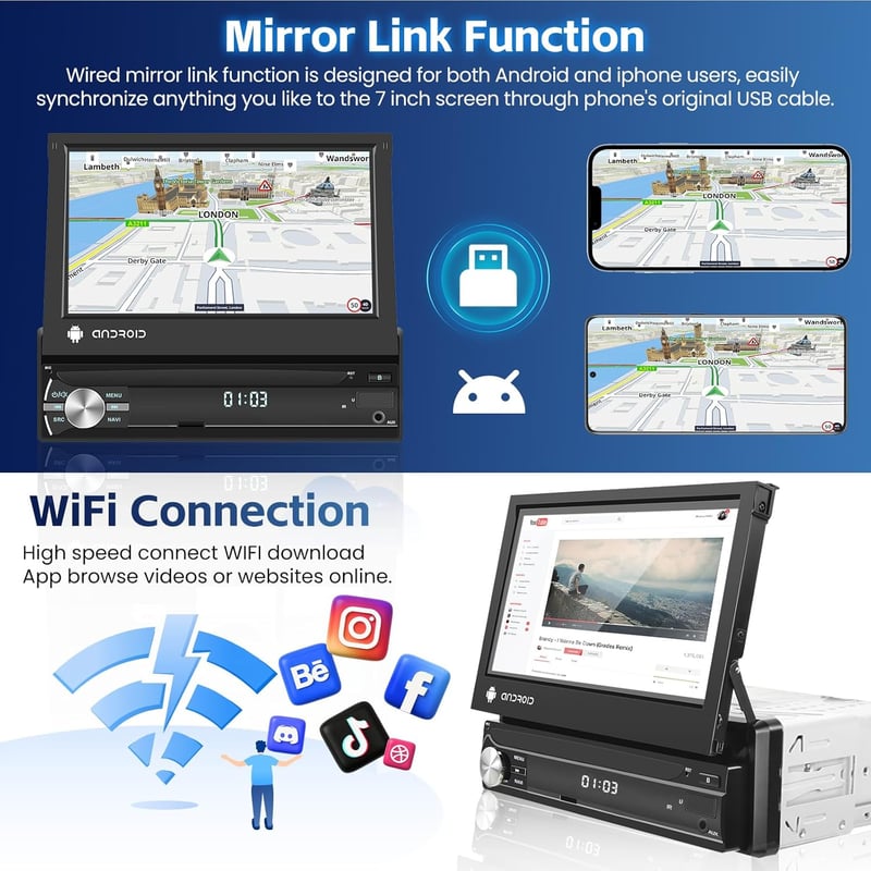 Inefala 7" Android Autórádió Kijelzővel, Wireless CarPlay, GPS és Tolatókamera