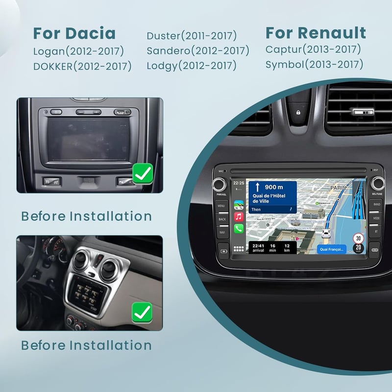 Inefala 7" Wireless CarPlay Android Autórádió Renault Dacia Logan Sandero 2011-2017
