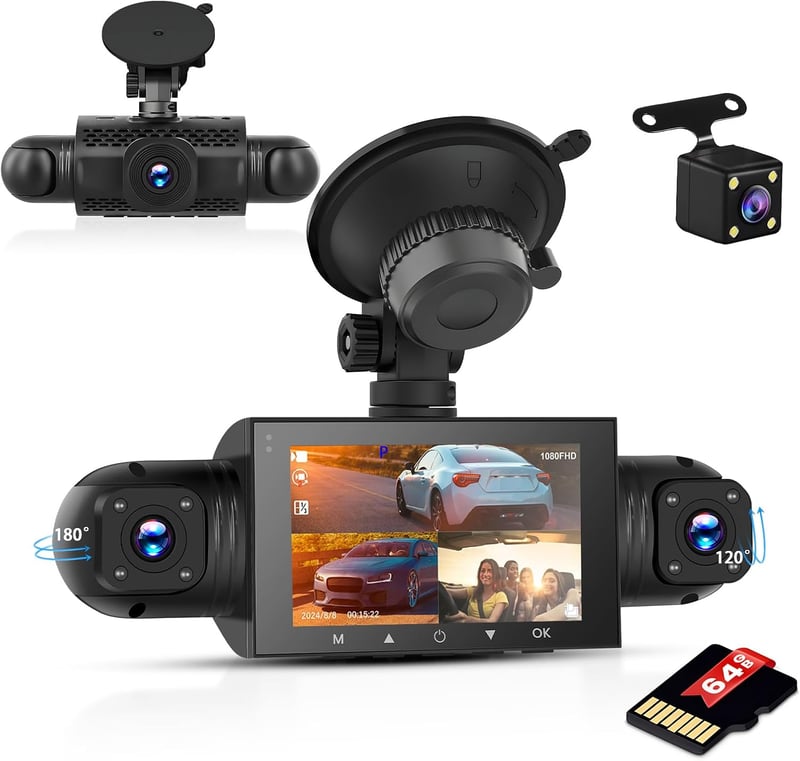 Inefala autós fedélzeti kamera 3" kijelzővel, 1080P, 4 csatorna, 64GB SD kártya
