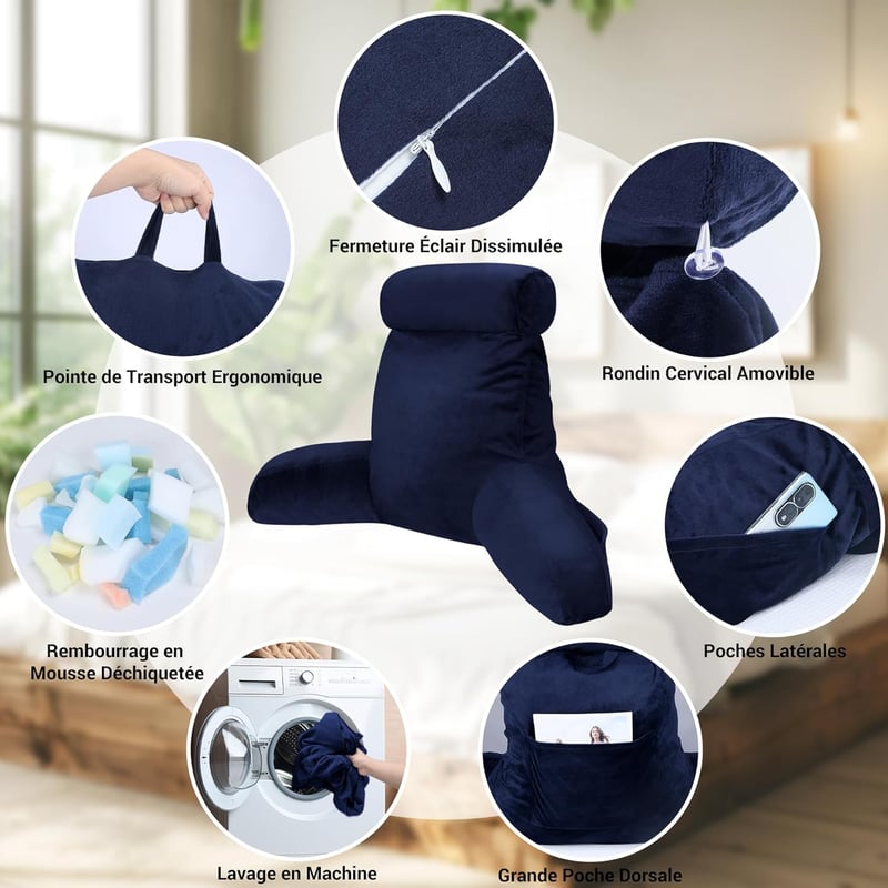 INFANZIA Sötétkék Memóriahabos Olvasópárna Karfával Ergonomikus Támogatás Kanapéhoz és Ágyhoz