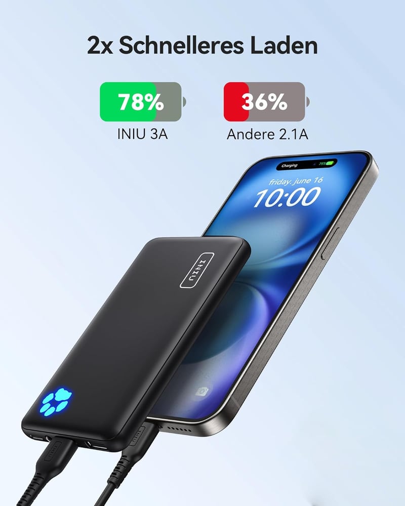 INIU 10000 mAh Ultra-vékony Power Bank USB-C, 3 kimenettel, iPhone Samsung Huawei Xiaomi - black