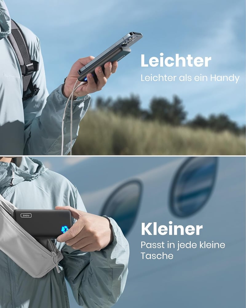 INIU 10000 mAh Ultra-vékony Power Bank USB-C, 3 kimenettel, iPhone Samsung Huawei Xiaomi - black