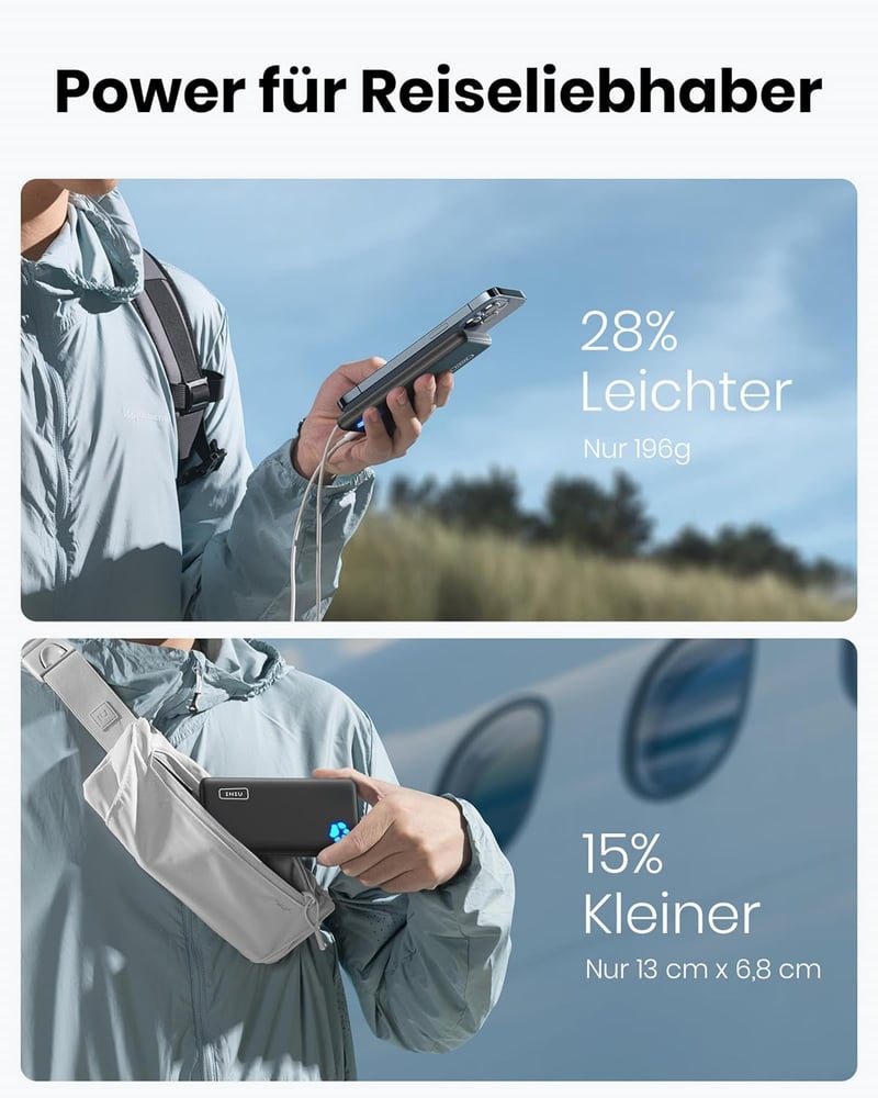 INIU 10000 mAh Ultra-vékony Power Bank USB-C, 3 kimenettel, iPhone Samsung Huawei Xiaomi - black