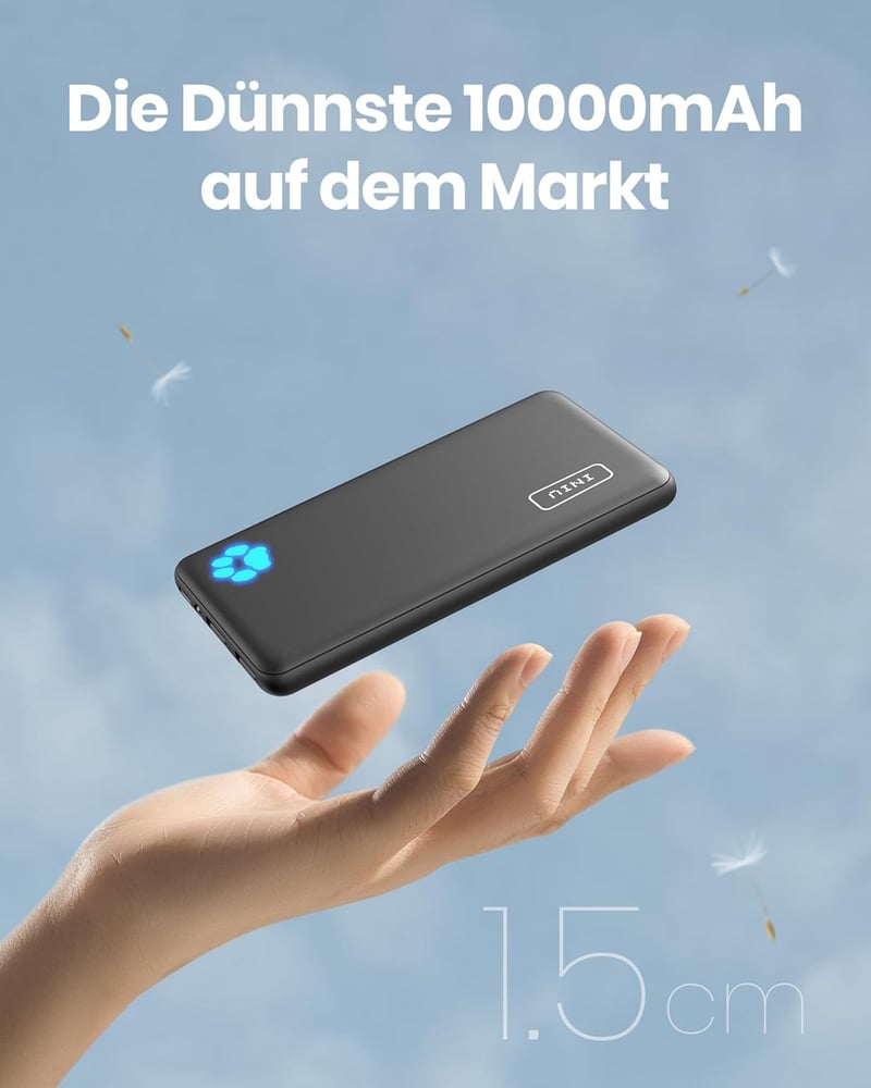 INIU 10000 mAh Ultra-vékony Power Bank USB-C, 3 kimenettel, iPhone Samsung Huawei Xiaomi - black