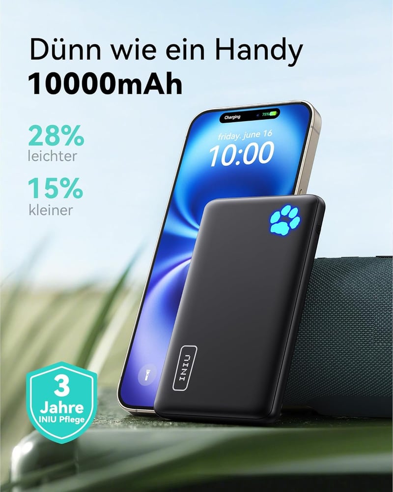 INIU 10000 mAh Ultra-vékony Power Bank USB-C, 3 kimenettel, iPhone Samsung Huawei Xiaomi - black