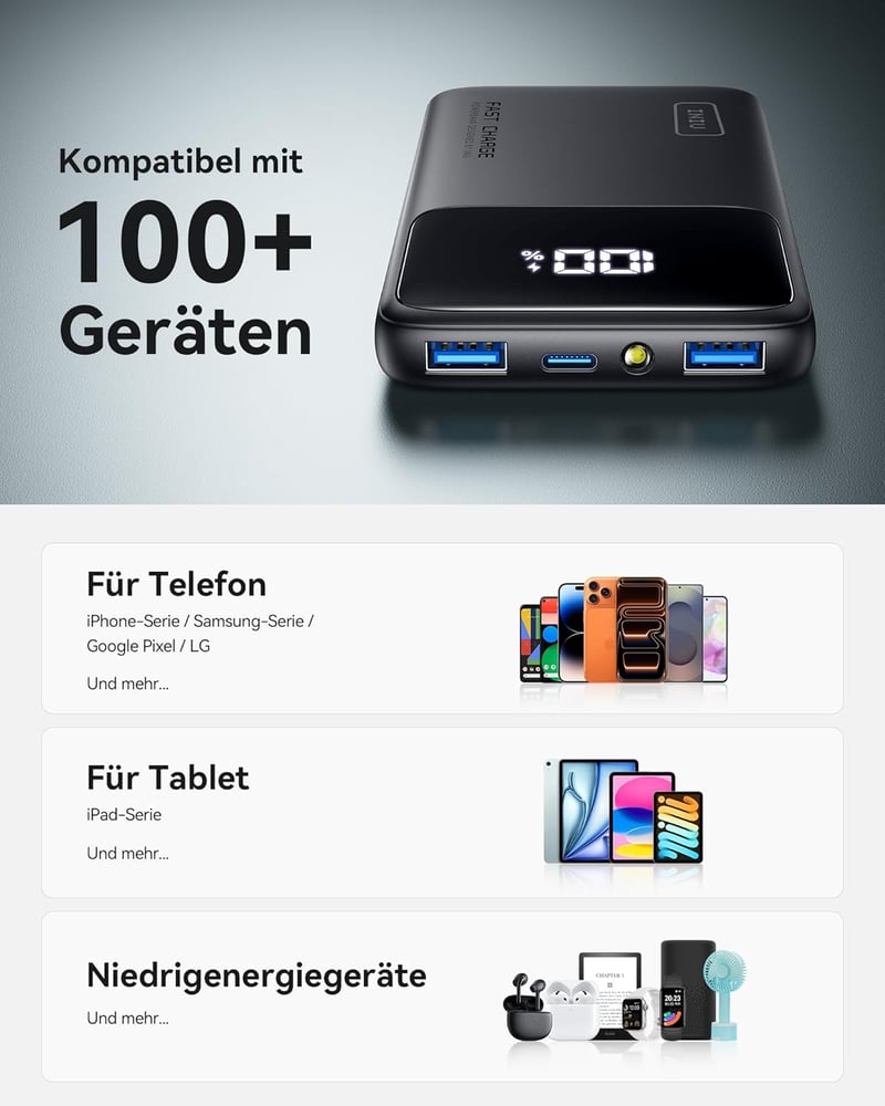 INIU 10500mAh Power Bank 18W PD3.0 QC4.0 LED kijelzővel, telefontartóval és zseblámpa funkcióval - Klassische Größe, black