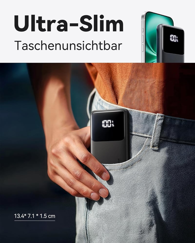 INIU 10500mAh Power Bank 18W PD3.0 QC4.0 LED kijelzővel, telefontartóval és zseblámpa funkcióval - Klassische Größe, black