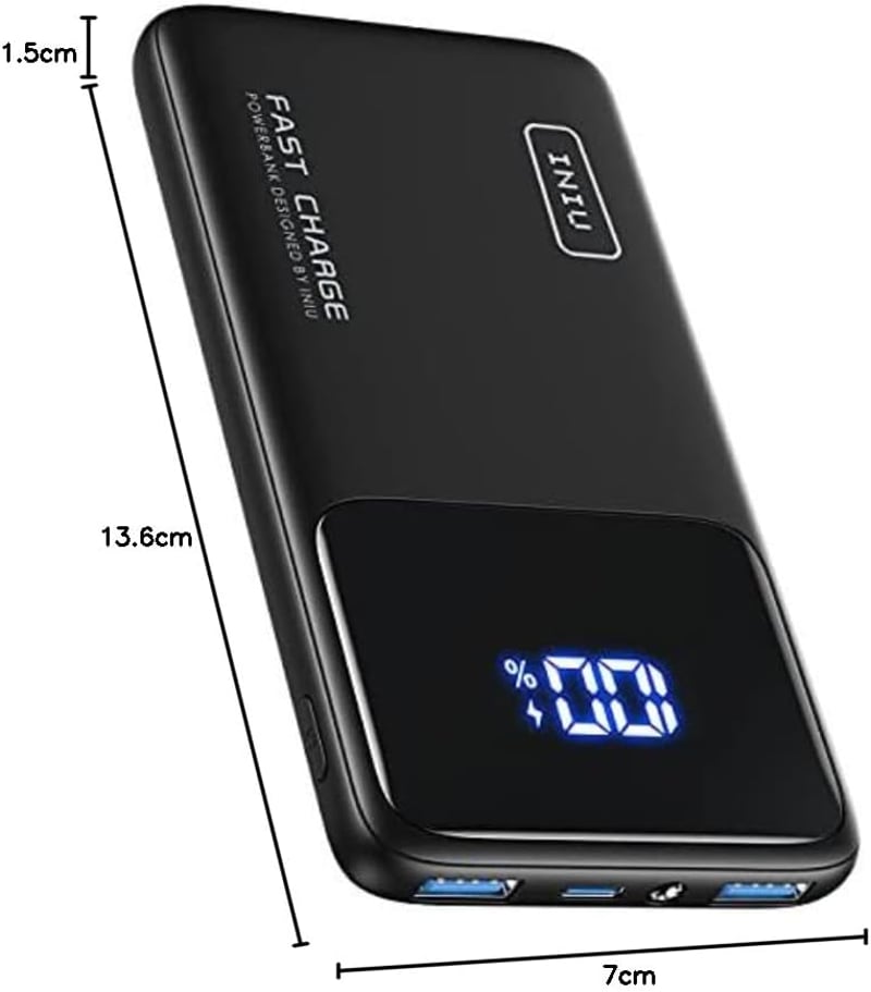 INIU 10500mAh Power Bank 18W PD3.0 QC4.0 LED kijelzővel, telefontartóval és zseblámpa funkcióval - Klassische Größe, black