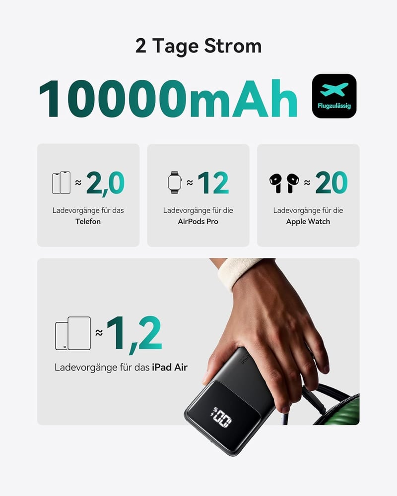 INIU 10500mAh Power Bank 18W PD3.0 QC4.0 LED kijelzővel, telefontartóval és zseblámpa funkcióval - Klassische Größe, black