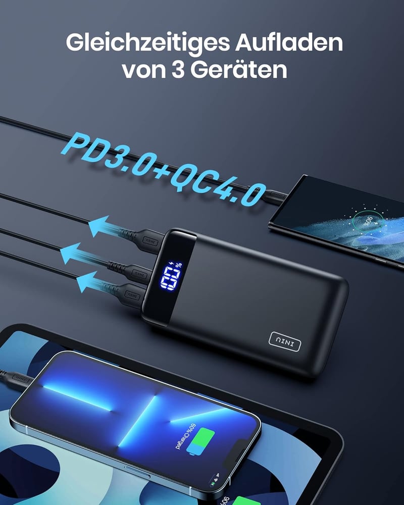 INIU 20000mAh Power Bank 22.5W USB-C PD3.0 QC4.0 LED kijelzővel iPhone Samsung iPad