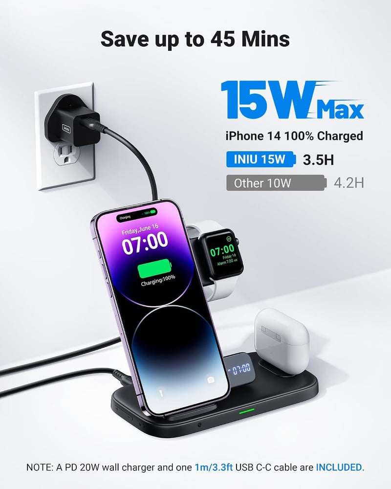 INIU 3 az 1-ben Wireless Charger Apple Watch iPhone AirPods Pro