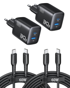 INIU 30W GaN USB-C brzi punjač, 2 komada, crni, s kabelom od 1,5 m i 60W, dva porta, za iPhone 17 16 Pro, iPad, MacBook Air, Galaxy S26, Pixel, Xiaomi
