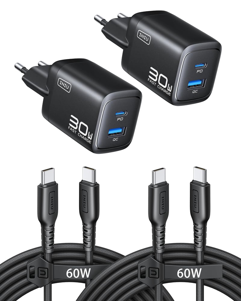 Rýchlonabíjačka INIU 30W GaN USB-C, 2 ks v čiernej farbe, s 1,5 m 60W káblom, duálny port, pre iPhone 17 16 Pro, iPad, MacBook Air, Galaxy S26, Pixel, Xiaomi