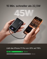 INIU 45 W prijenosna baterija 20000 mAh s ugrađenim USB-C kabelom, brzo punjenje - crna 2
