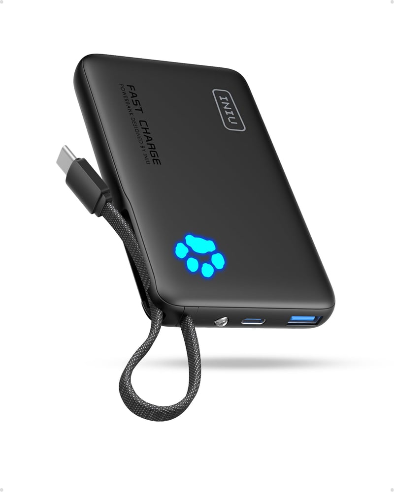 Baterie externă INIU 45W 10000 mAh cu cablu USB-C încorporat, încărcător portabil de dimensiuni mini pentru iPhone 17, 16, 15, 14