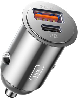 INIU auto USB punjač adapter za upaljač, 60W, USB-C PD 3.0 + USB-A QC 3.0, brzo punjenje, kompatibilno s iPhone 16 15 14 Samsung Galaxy S24 iPad uređajima