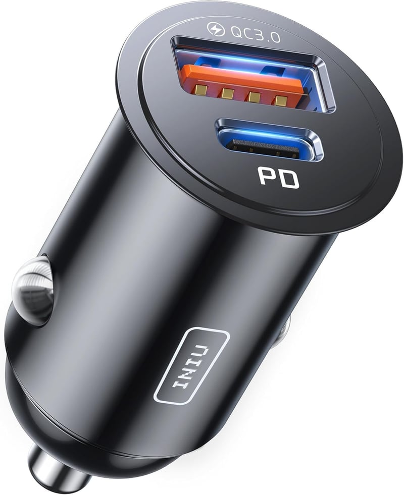 Încărcător auto USB INIU pentru brichetă, USB-C 30W + USB-A 30W, încărcare rapidă 5A, port dual, compatibil cu iPhone, Samsung, Huawei, iPad